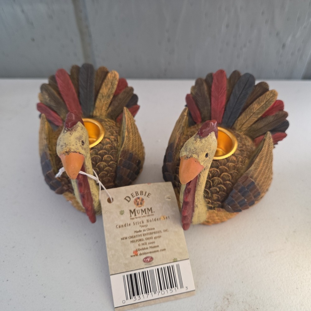 Set of 2 Debbie Mumm Turkey Candle Stick Holders Thanksgiving Fall Autumn Decor